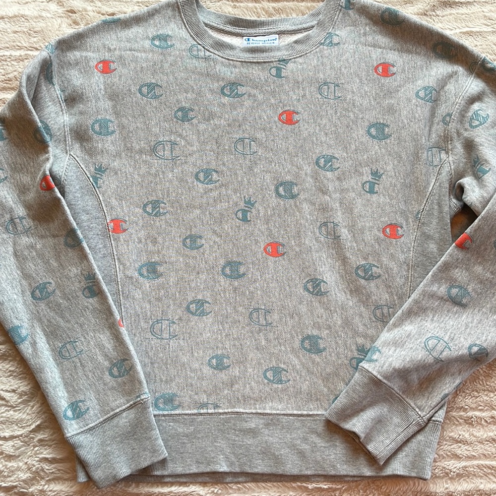 CHAMPION REVERSE WEAVE ALL OVER LOGO GRAY CREW NECK SWEATSHIRT Sz SM